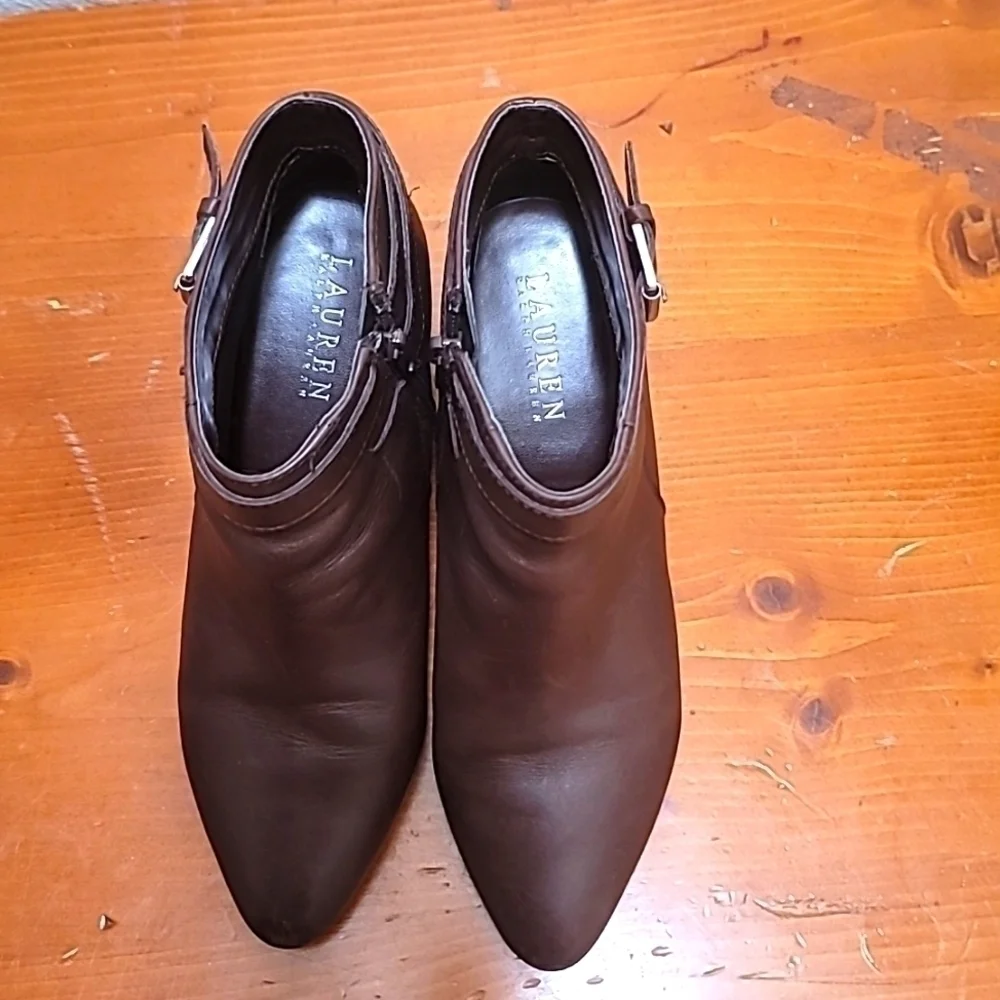 Lauren Ralph‎ Lauren Brown Leather Buckle Ankle Boots Womens Pointed Toe Heel